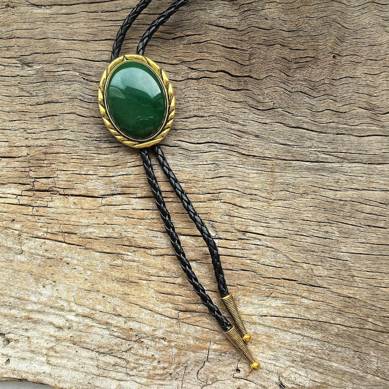 Green Jade Bolo Tie: Golden Edge, Western Cowboy Necklace