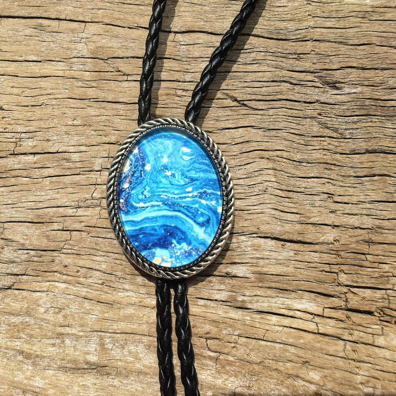 Blue Starry Moon Bolo Tie: Silver-Plated Western Cowboy Necktie