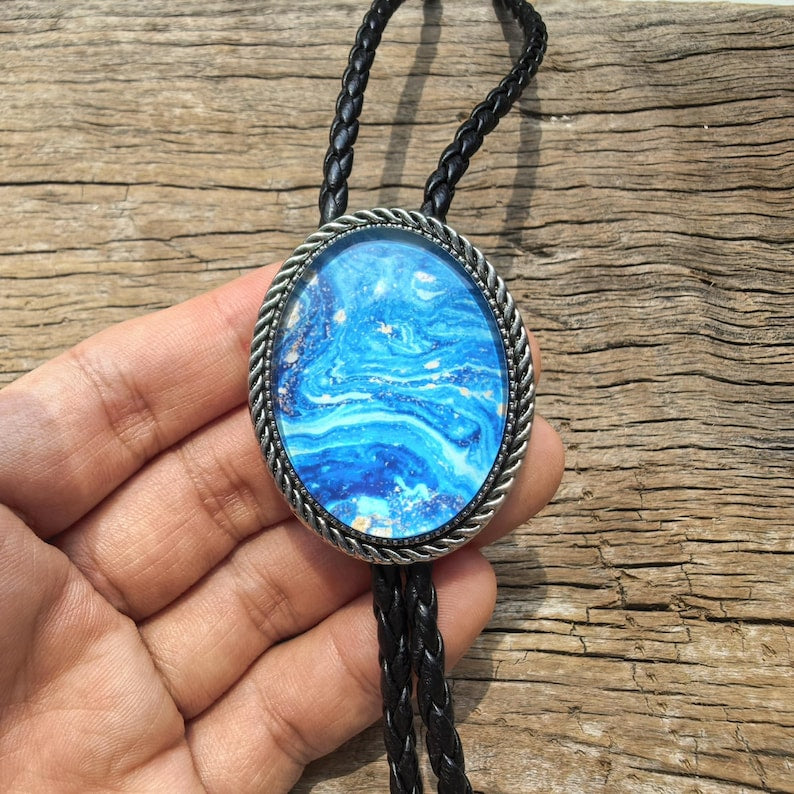Blue Starry Moon Bolo Tie: Silver-Plated Western Cowboy Necktie