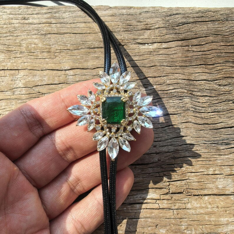 Green Acrylic Rhombus Bolo Tie: Western Cowboy PU Leather Necklace