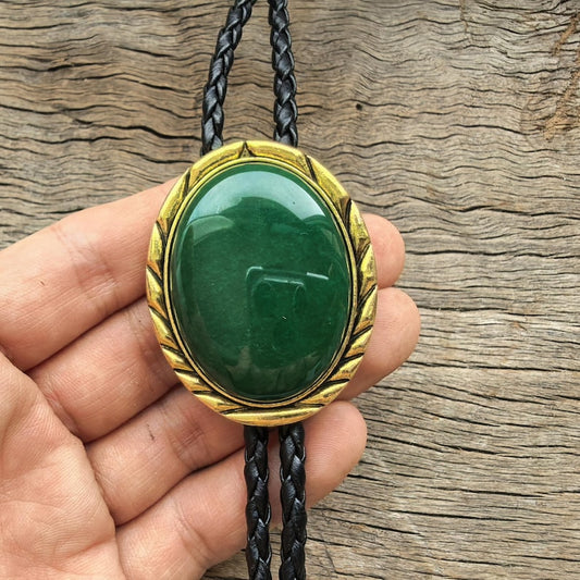 Green Jade Bolo Tie: Golden Edge, Western Cowboy Necklace