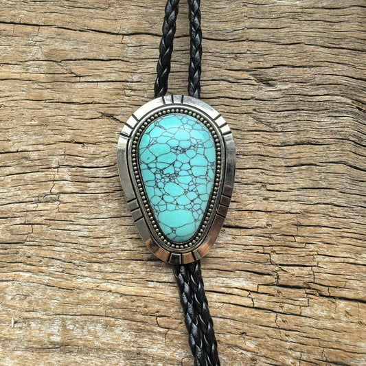 Pear Turquoise Bolo Tie: Silver-Plated Western Cowboy Necktie