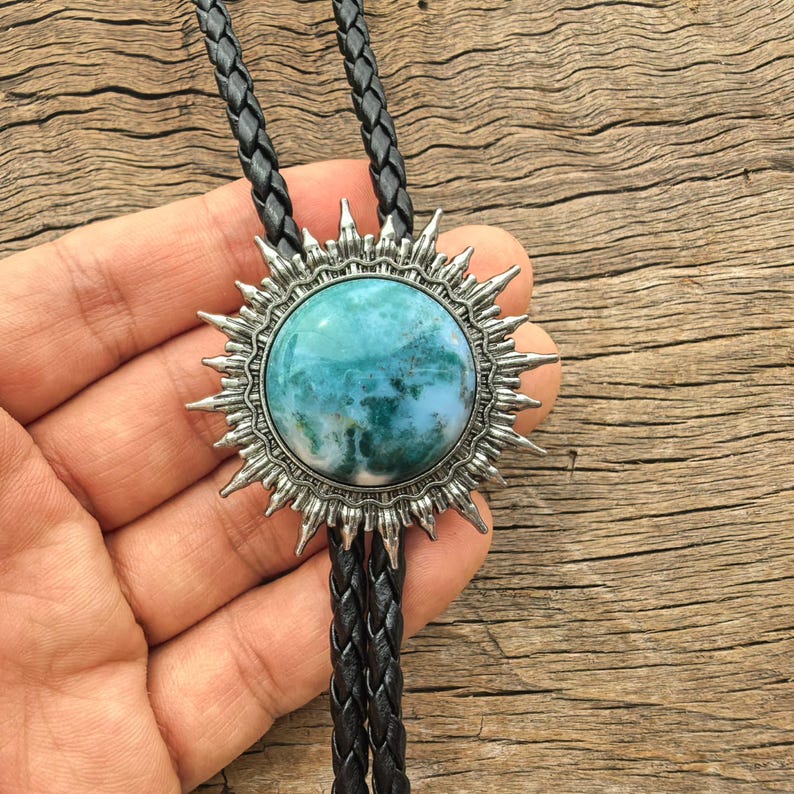 Burma Jade Sun Bolo Tie: Western Cowboy Necklace, PU Leather