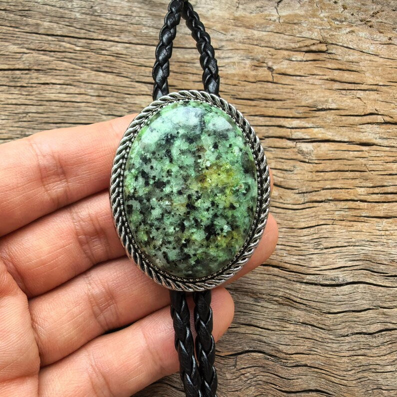 Green Granite Bolo Tie: Silver Plated Western Cowboy Necktie