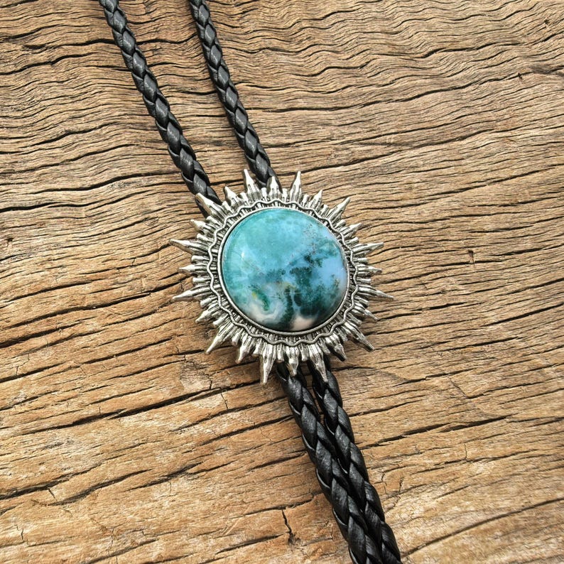Burma Jade Sun Bolo Tie: Western Cowboy Necklace, PU Leather