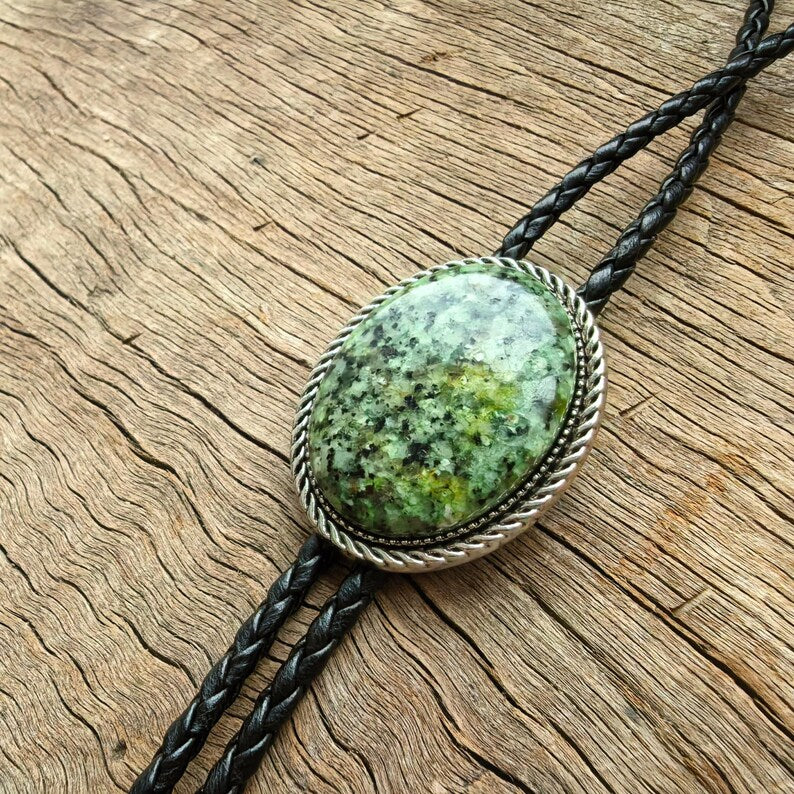 Green Granite Bolo Tie: Silver Plated Western Cowboy Necktie