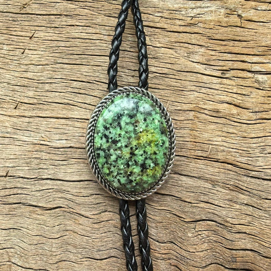 Green Granite Bolo Tie: Silver Plated Western Cowboy Necktie