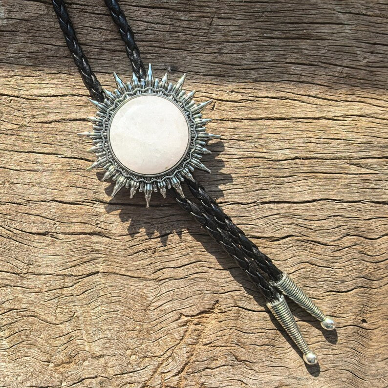 Pink Crystal Sun Bolo Tie: Western Cowboy Necklace, PU Leather