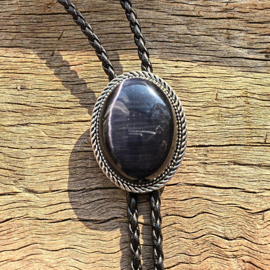 Grey Cat-eye Stone Bolo Tie: Western Cowboy Necktie