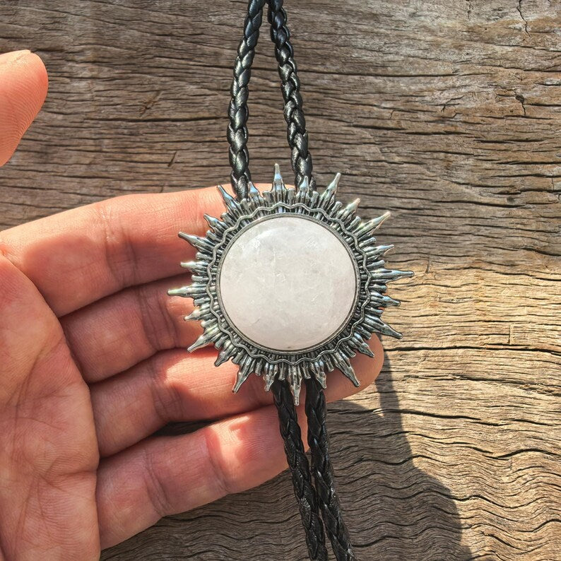 Pink Crystal Sun Bolo Tie: Western Cowboy Necklace, PU Leather
